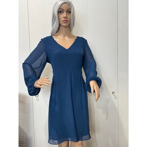 Women's INC Intl Concepts chiffon lined Dress M Teal back zip sheer sleeves EUC